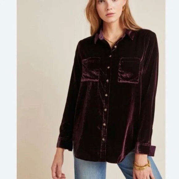 Maeve by Anthropologie Katrina Burgundy Blouse Velvet Button Up Top Women's SZ 2 - Picture 1 of 14